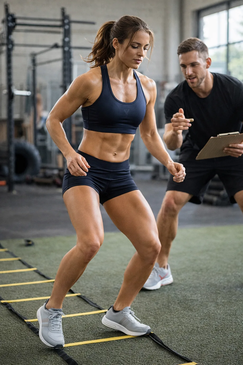 A woman stepping through an agility ladder on artificial grass while a man with a clipboard watches