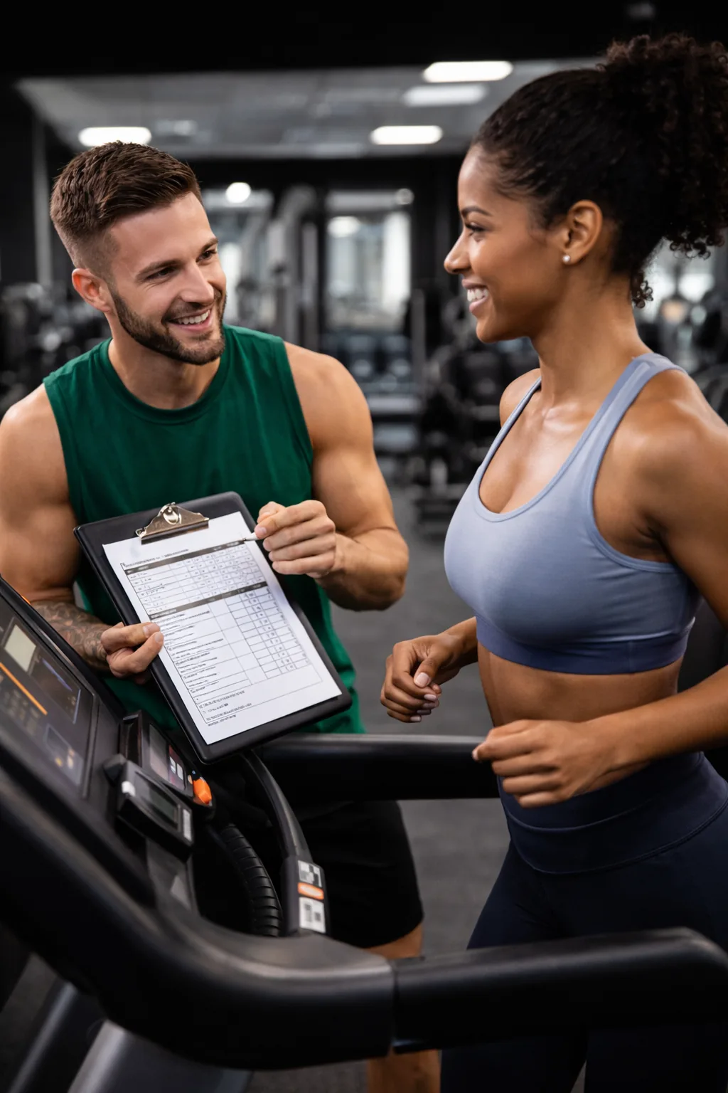 A man holding a clipboard talking with a woman standing on a treadmill