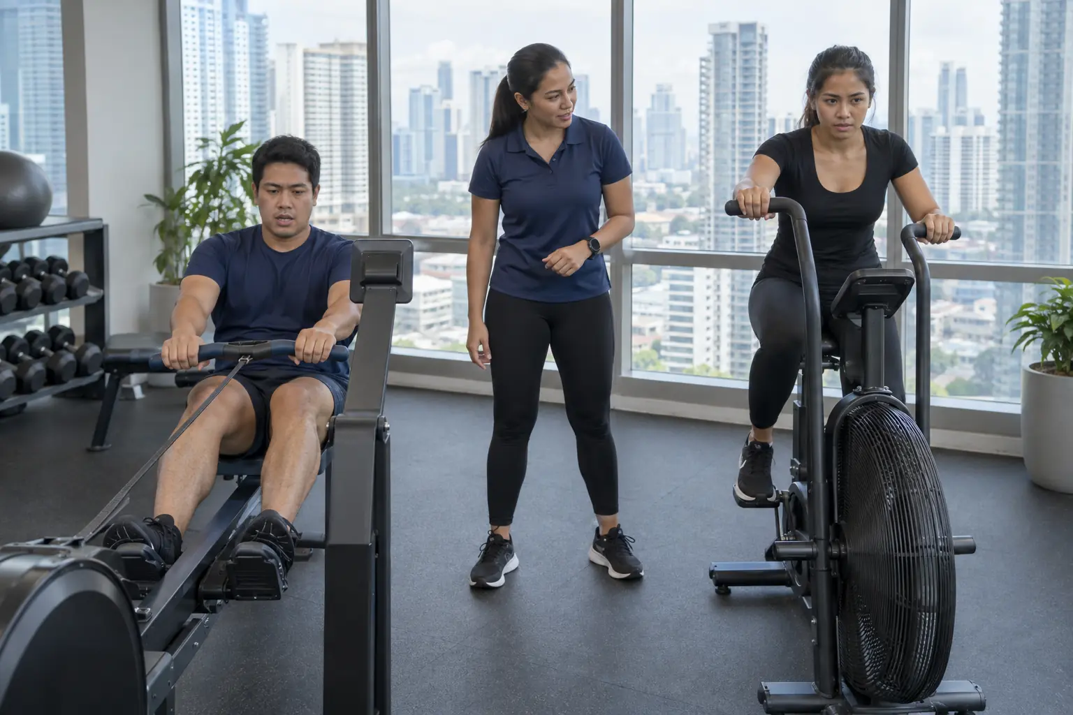 A Filipino man on a rowing machine and a Filipina woman on an air bike in a condo gym, a Filipina coach between them