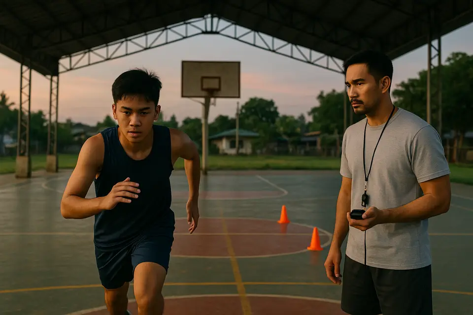 A Filipino teenager sprints off the line on a covered barangay basketball court at dawn while a Filipino coach with a whistle and stopwatch watches beside two orange cones
