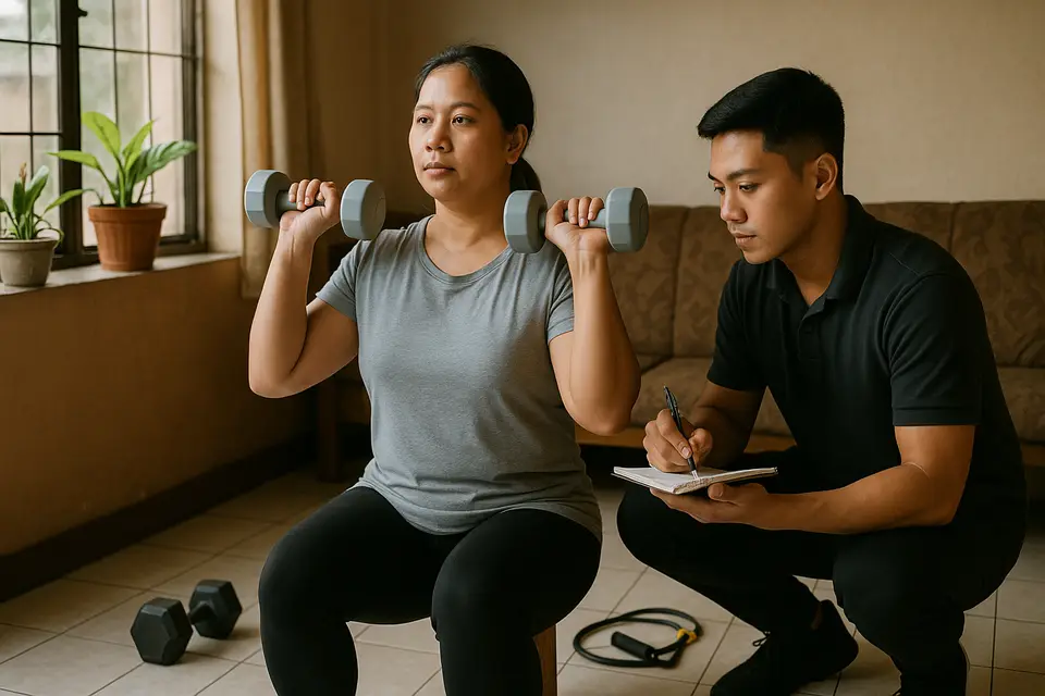 A Filipina presses two light dumbbells from her shoulders in a tiled sala while a Filipino coach crouches beside her and writes in a training notebook