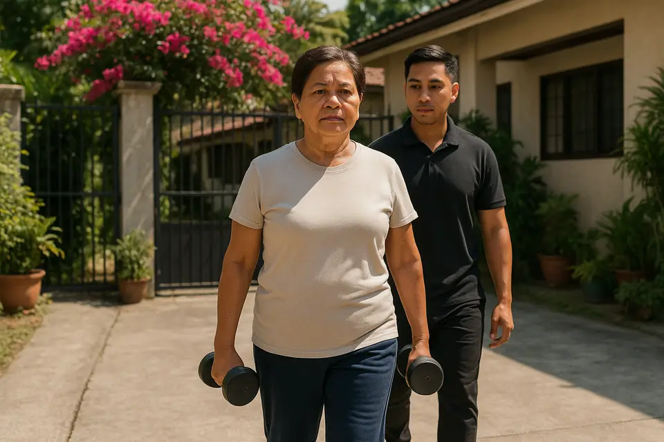 A Filipina in her fifties walks tall along a home driveway with a dumbbell in each hand while a Filipino coach walks a step behind watching her posture