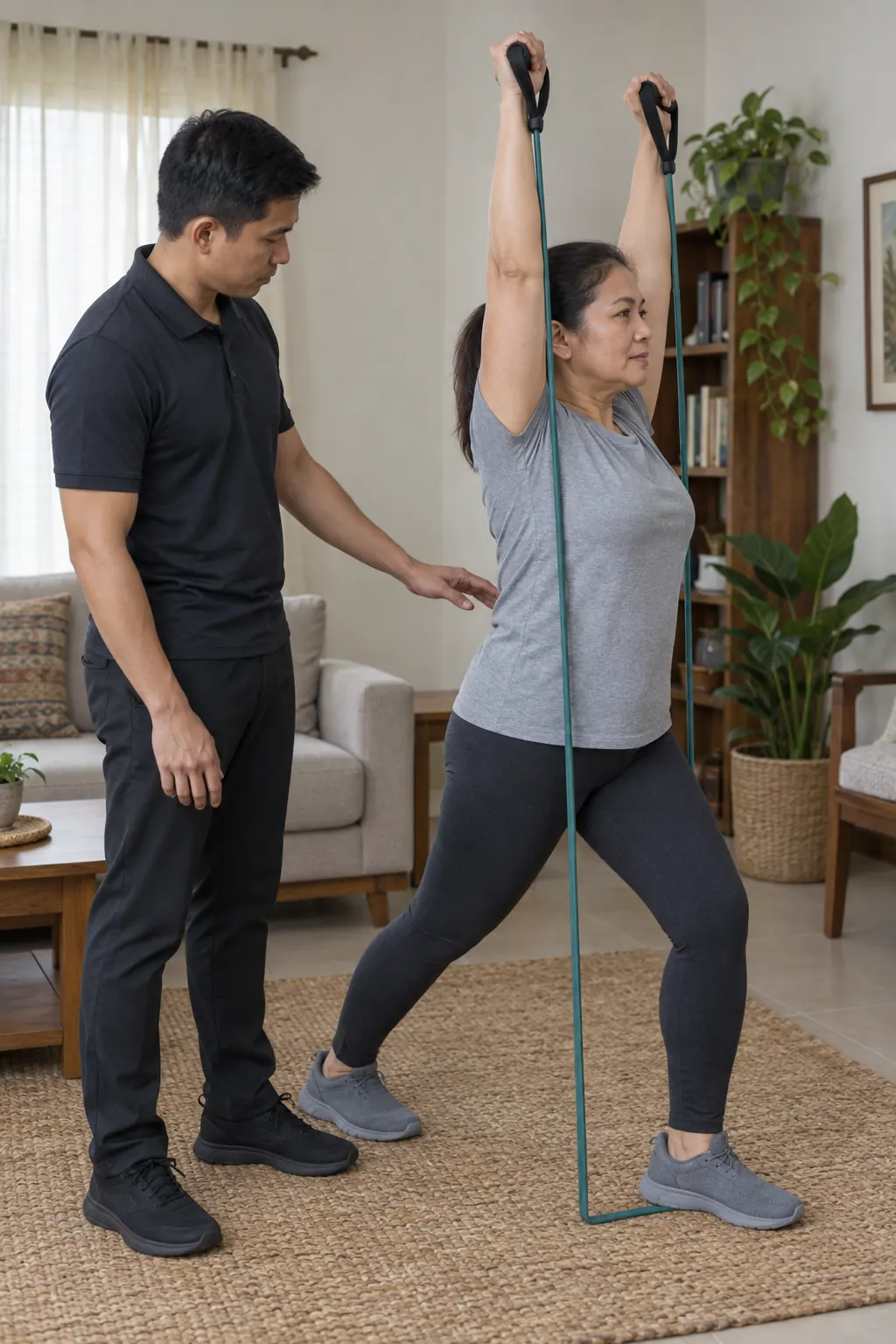 A Filipina woman in a split stance pressing a band's handles overhead in a living room, a coach behind her