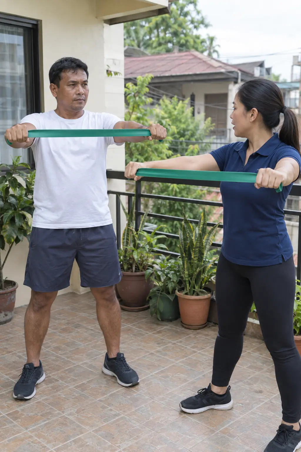 A Filipino man pulling a flat band apart at shoulder height on a terrace while a Filipina coach shows the arm position