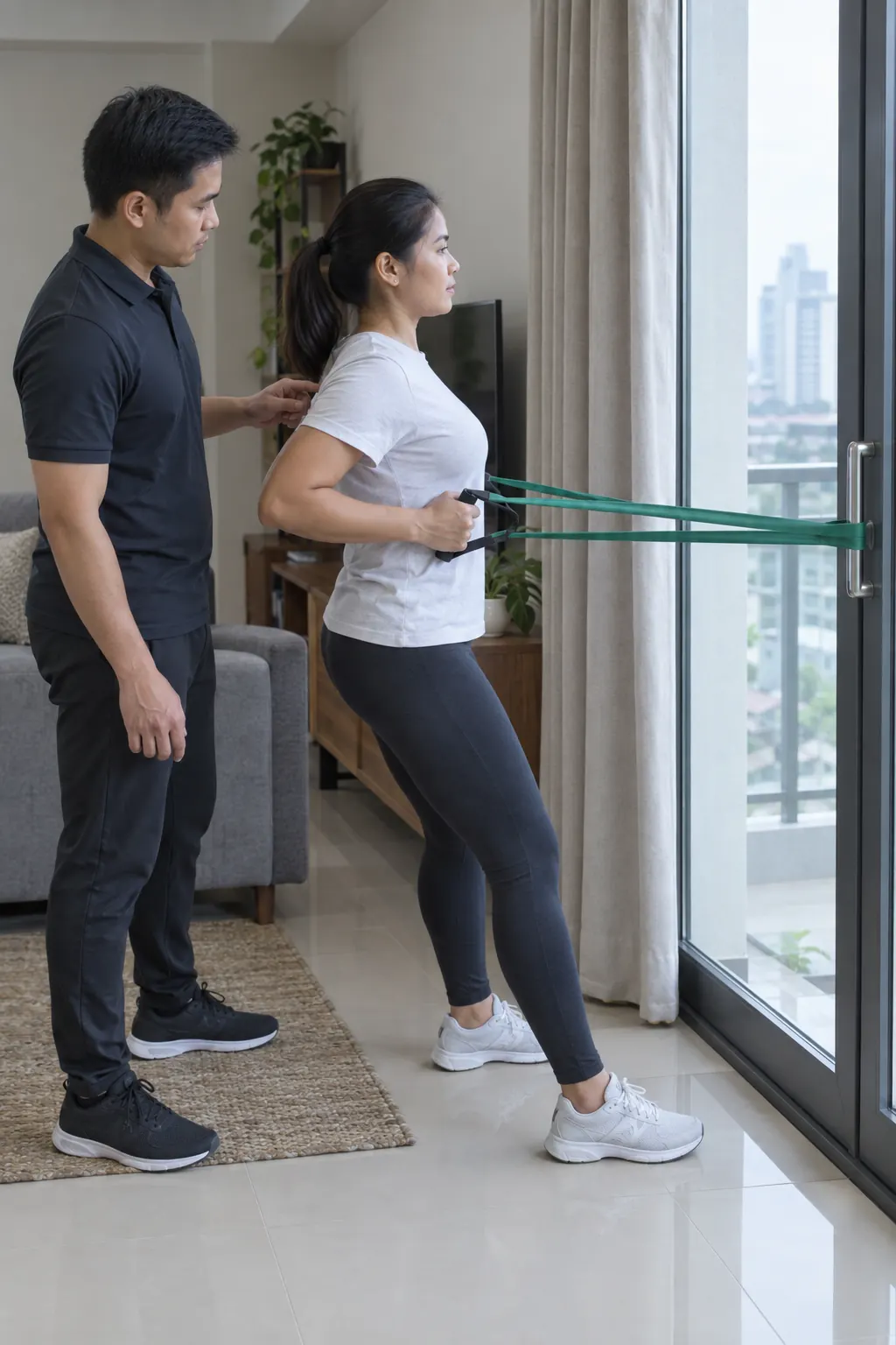 A Filipina woman pulling a resistance band anchored to a balcony door handle into a row while a coach checks her shoulders