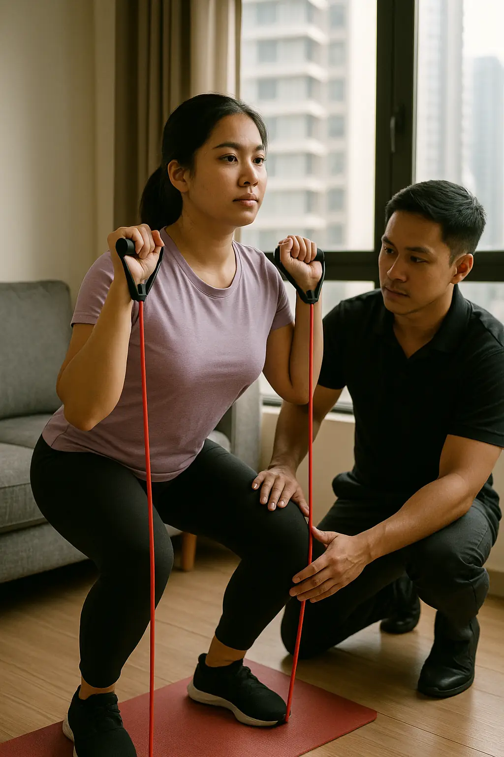 A Filipina woman squatting while standing on a red band with its handles at her shoulders in a condo living room, a Filipino coach kneeling beside her
