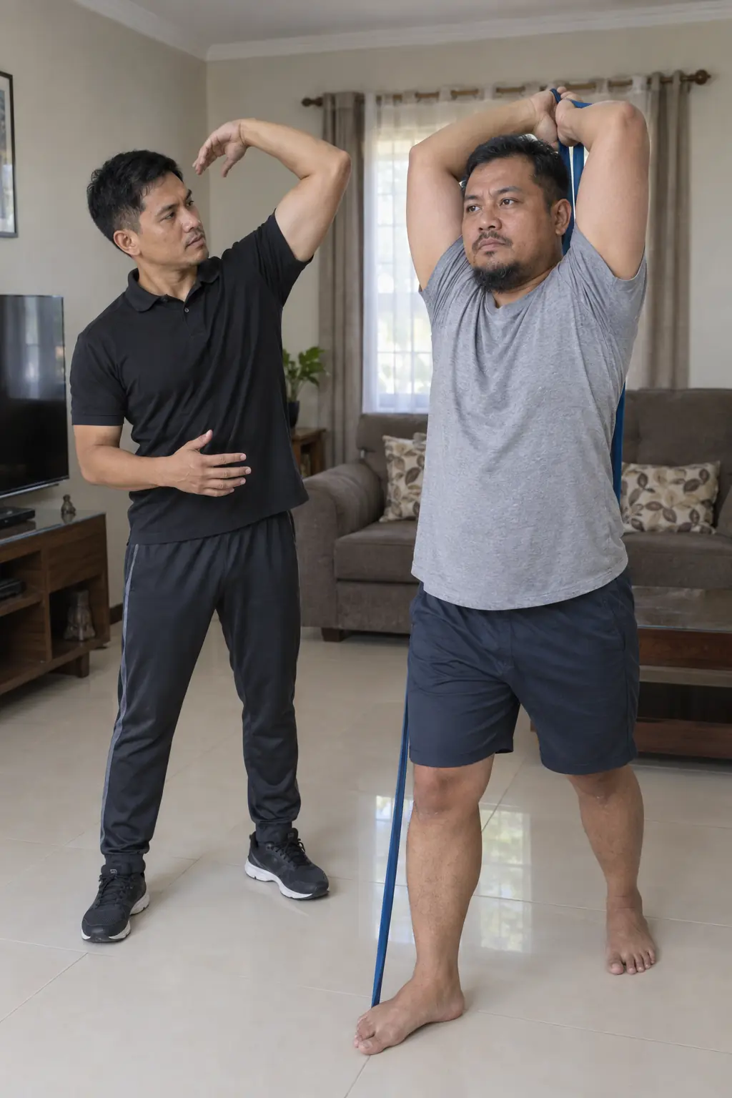 A bearded Filipino man extending a band overhead in a living room while a Filipino coach demonstrates the elbow position