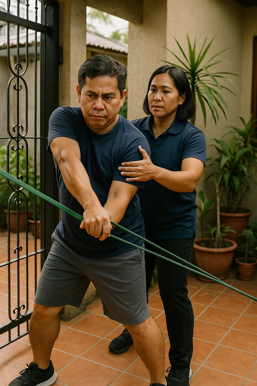 A Filipino man pulling a green band across his body from a gate post on a tiled terrace, a Filipina coach behind him guiding the turn
