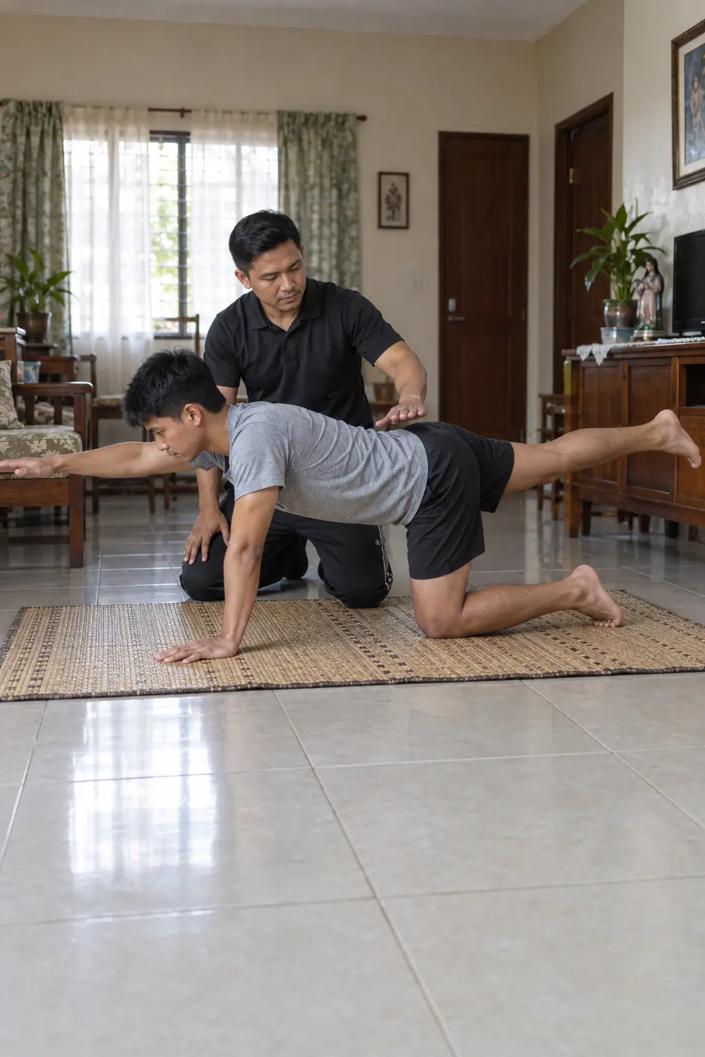A young Filipino man on a woven mat reaching one arm forward and the opposite leg back, a Filipino coach kneeling with a hand over his back