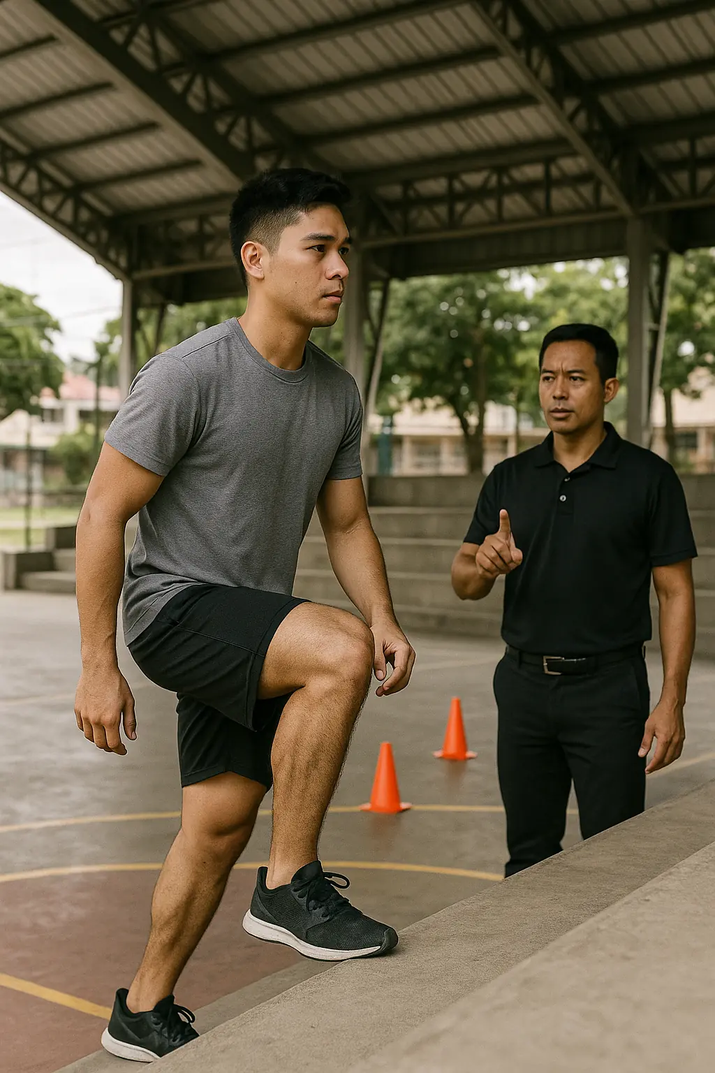 A Filipino man stepping up onto a concrete bleacher at a covered basketball court while a Filipino coach counts