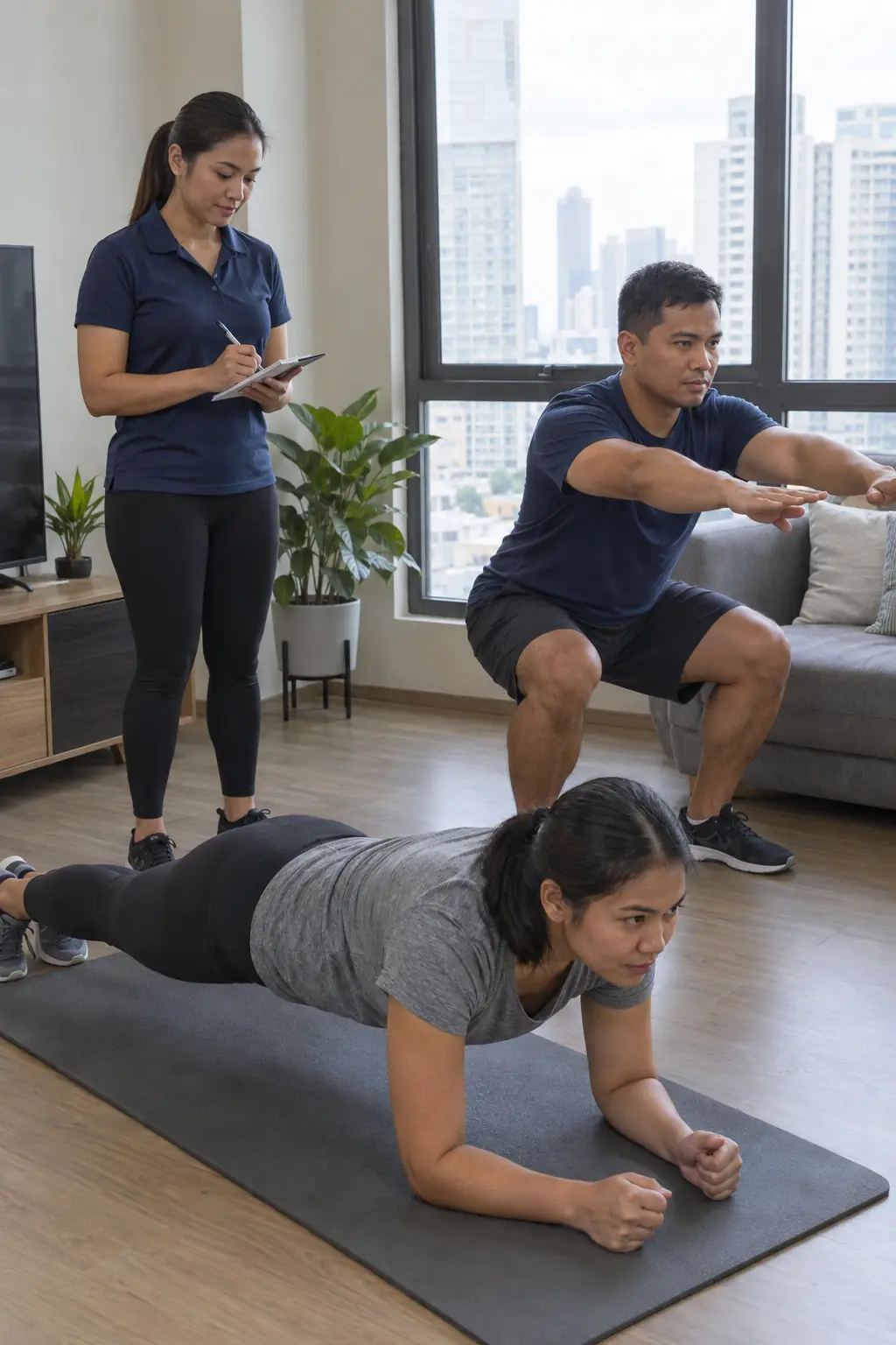A Filipino couple training together in a condo, the woman holding a plank while the man squats, a Filipina coach taking notes