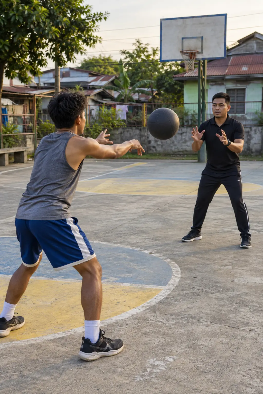 A Filipino man chest-passing a medicine ball to a Filipino coach on an outdoor basketball court