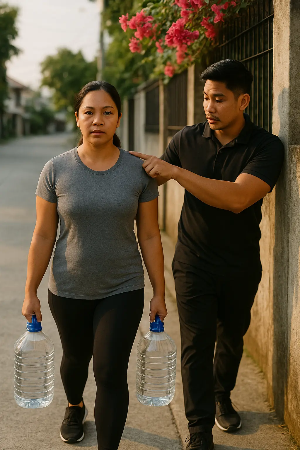A Filipina woman walking along a driveway carrying a full water jug in each hand, a Filipino coach touching her shoulder to keep it level