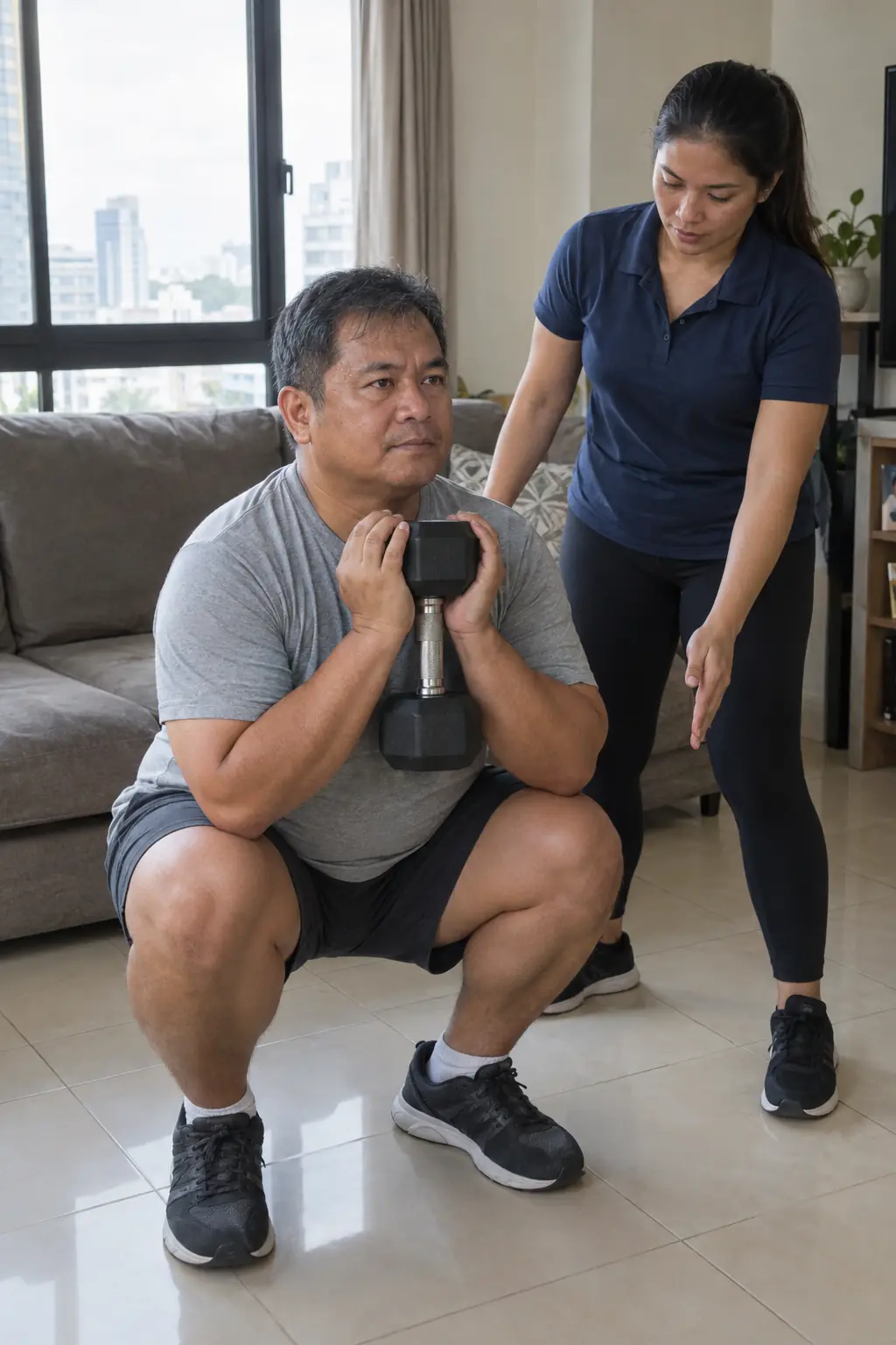 An older Filipino man in a goblet squat with a dumbbell at his chest in a condo living room, a Filipina coach beside him pointing at his knees