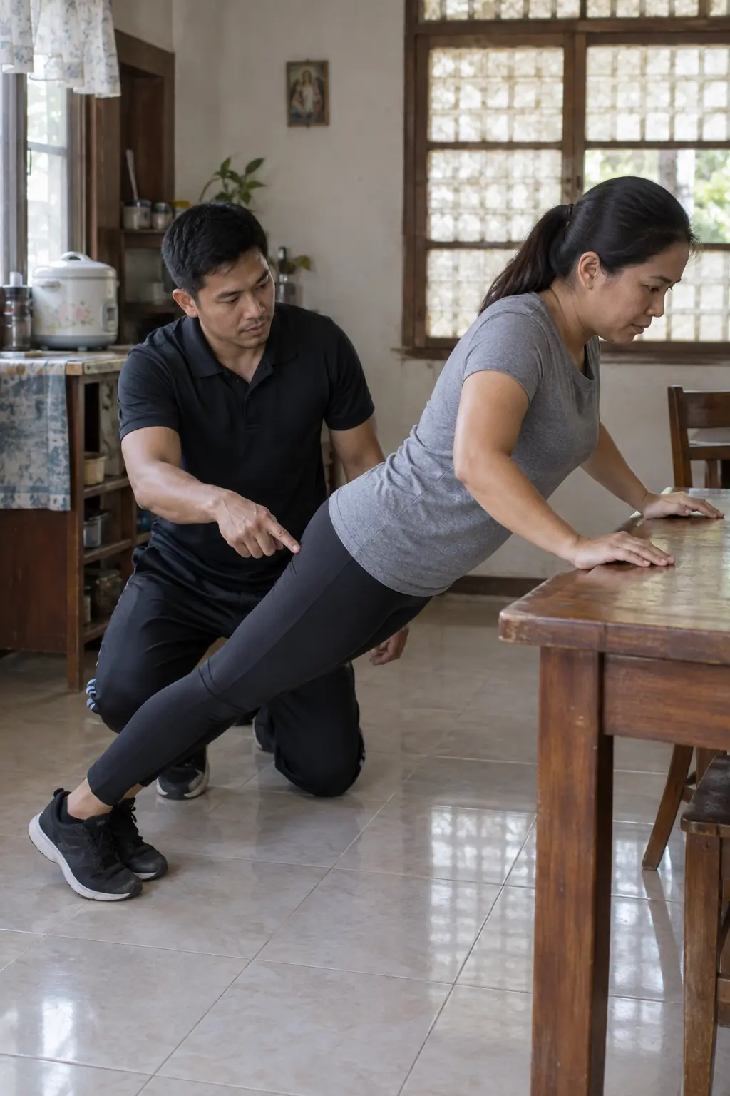A Filipina woman doing an incline push-up on a wooden dining table while a Filipino coach kneels and points at her hips to keep them level