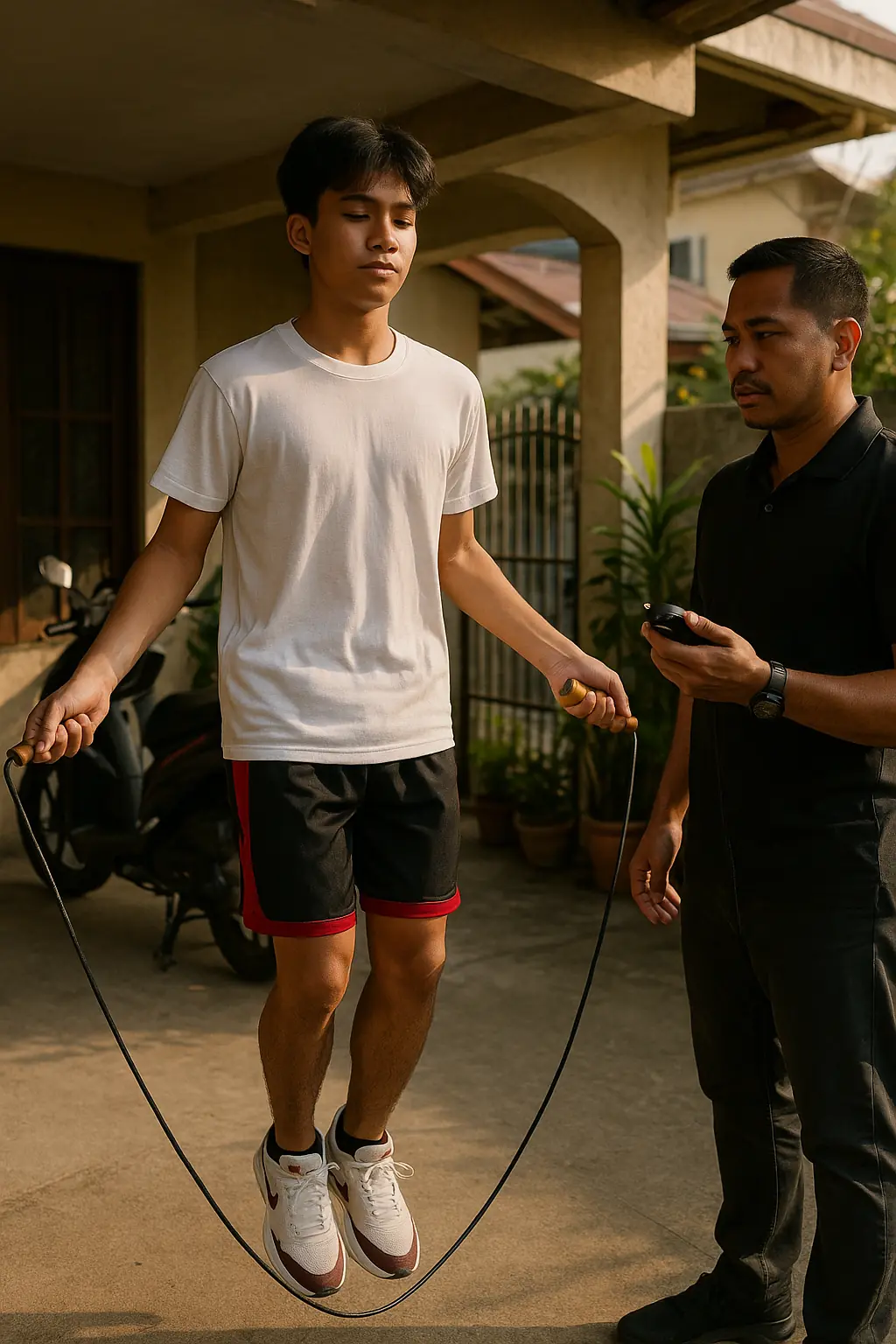 A Filipino teenager skipping rope in the carport of a house with a motorbike behind him, a Filipino coach holding a stopwatch