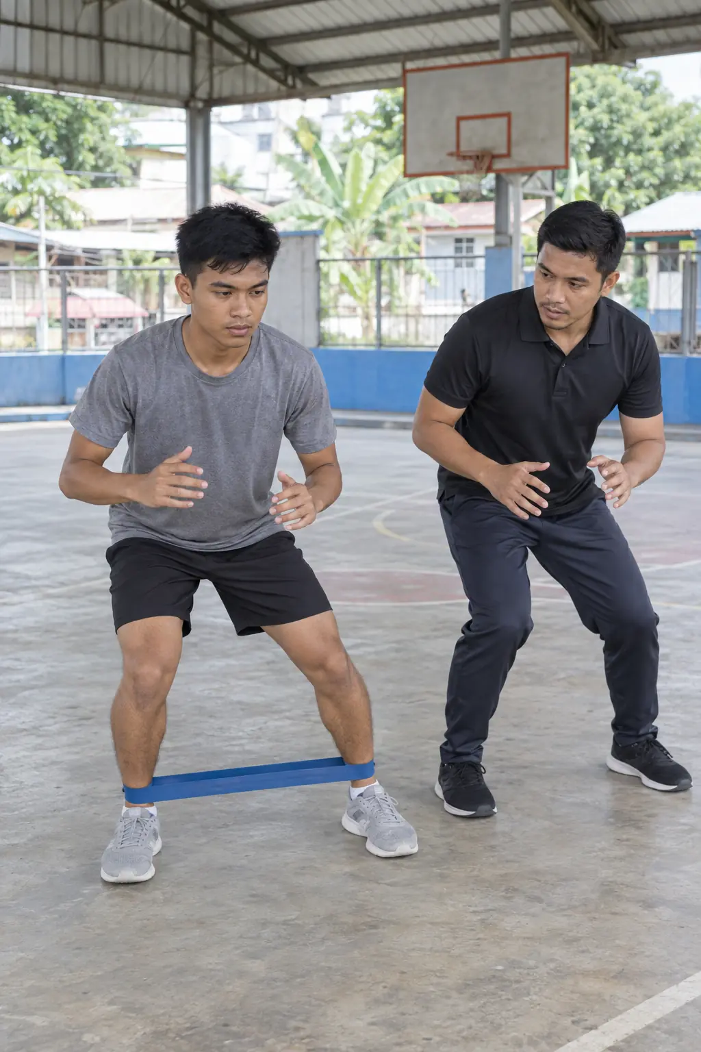 A young Filipino man stepping sideways in a half squat with a mini-band above his ankles on a covered court, a coach mirroring him