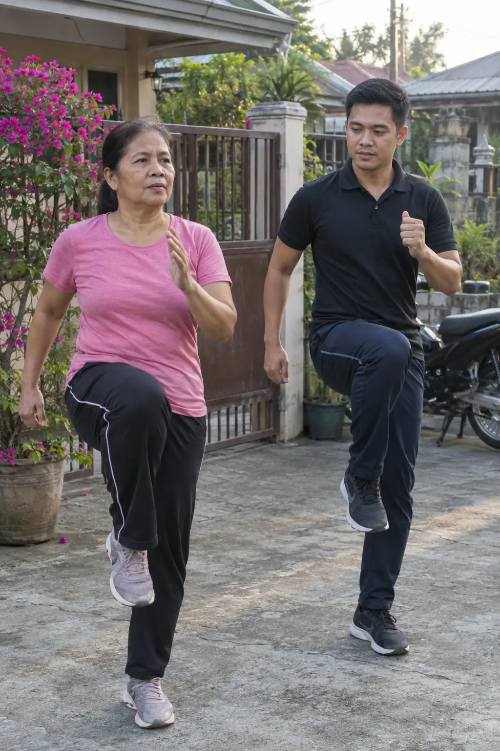 A Filipina woman in her fifties marching on the spot with high knees in a front yard with bougainvillea, a Filipino coach marching beside her