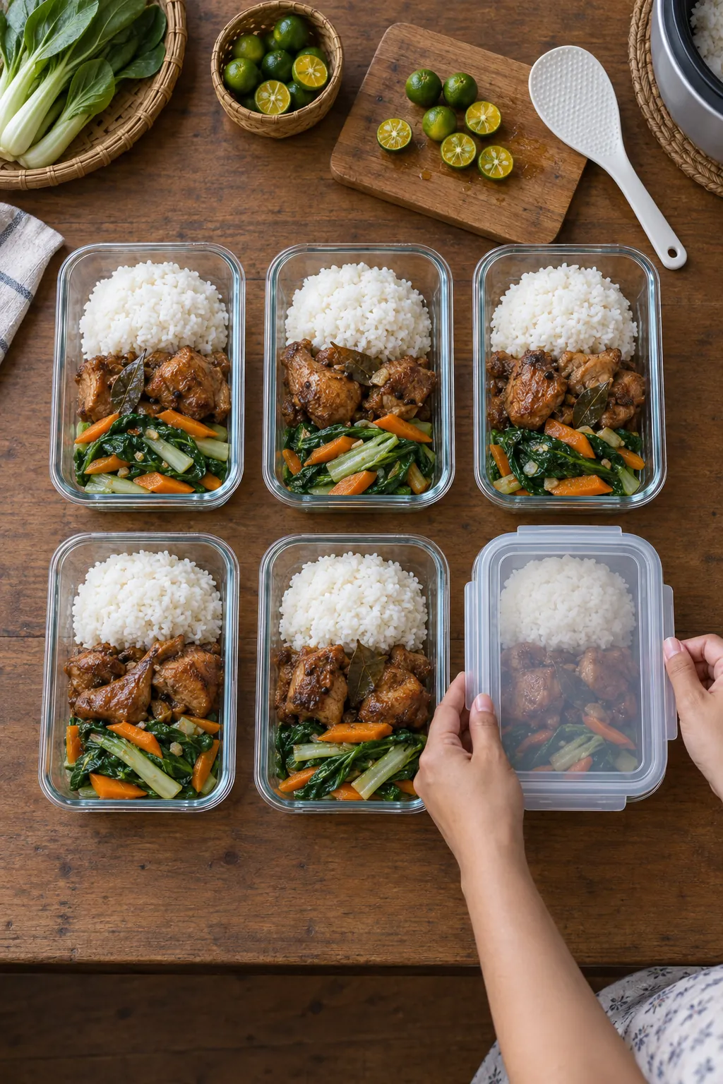Six glass containers of rice, chicken adobo and sauteed pechay with carrots on a wooden table as a hand puts on the last lid