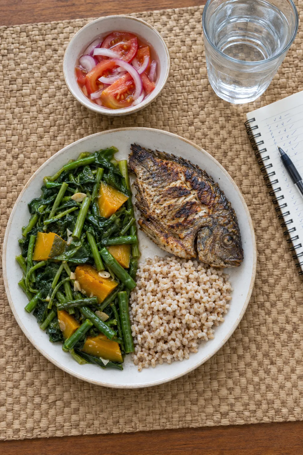 A plate of kangkong, sitaw and squash, a grilled tilapia and brown rice beside a tomato salad, a glass of water and a notebook