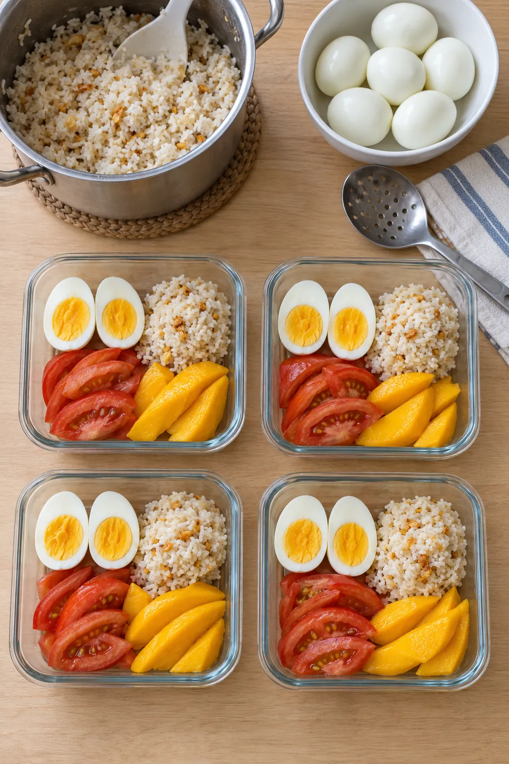 Four glass containers of halved boiled eggs, garlic rice, tomato slices and mango beside a pot of rice and a bowl of eggs