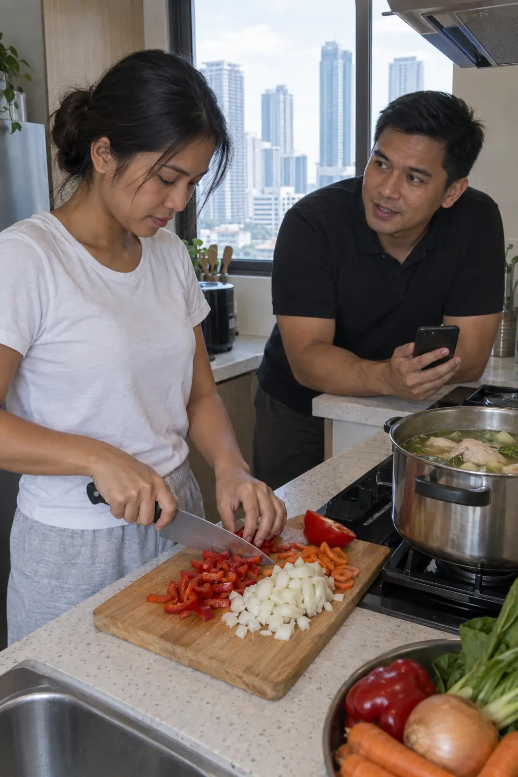 A Filipina woman chopping red peppers and onion in a condo kitchen next to a pot of soup, a Filipino coach at the counter with his phone