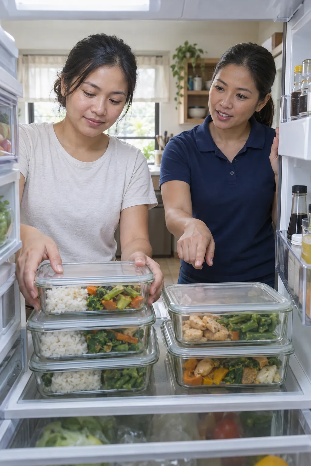 A Filipina woman stacking glass containers of rice and vegetables in an open fridge while a coach points to one