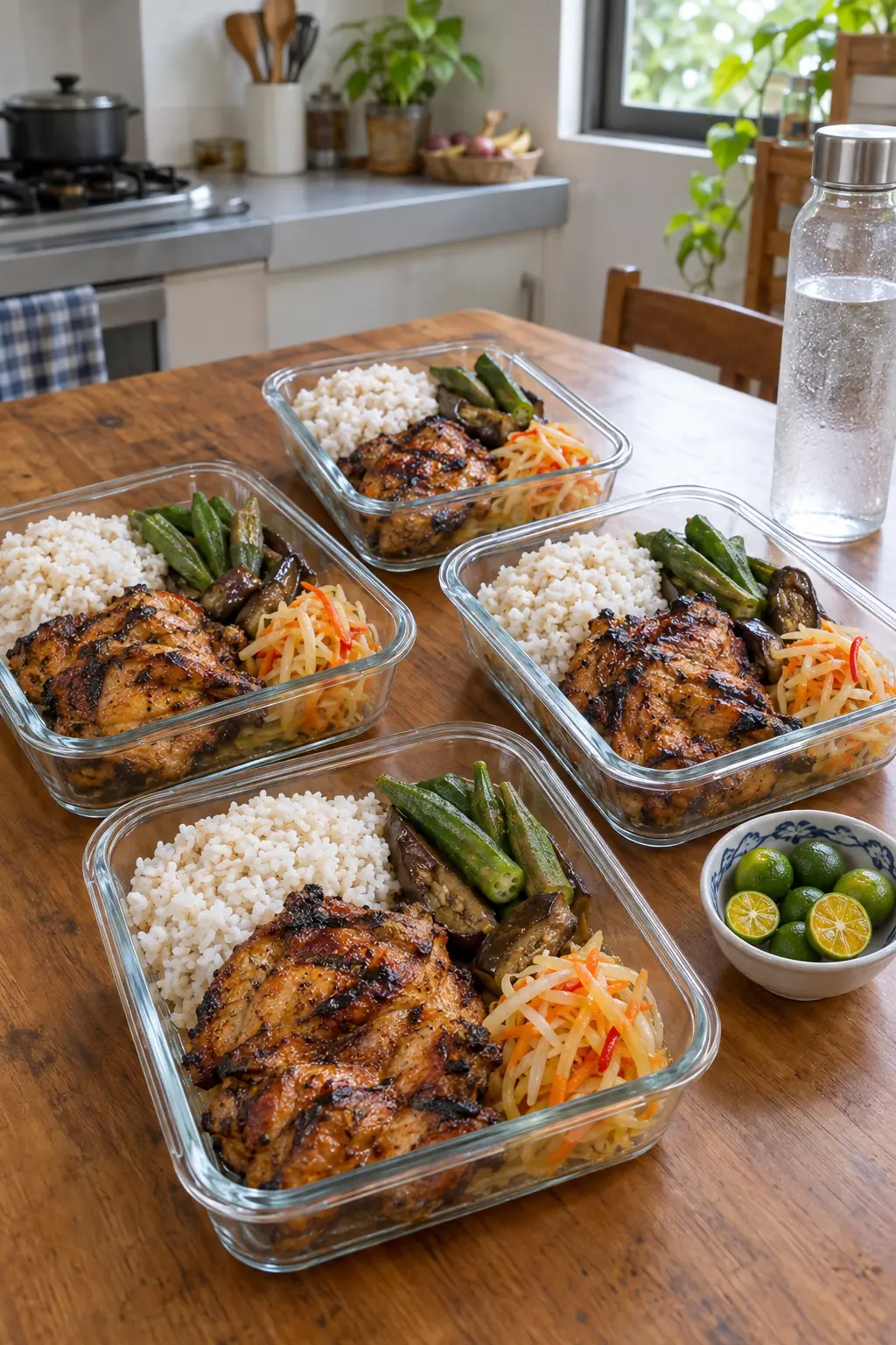 Glass containers of grilled chicken inasal, brown rice, long beans and atchara on a wooden table, with calamansi and a water bottle