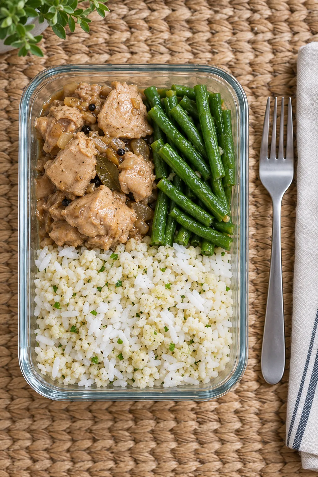 A glass container of skinless chicken adobo, long beans and rice mixed with cauliflower rice, a fork and napkin beside it