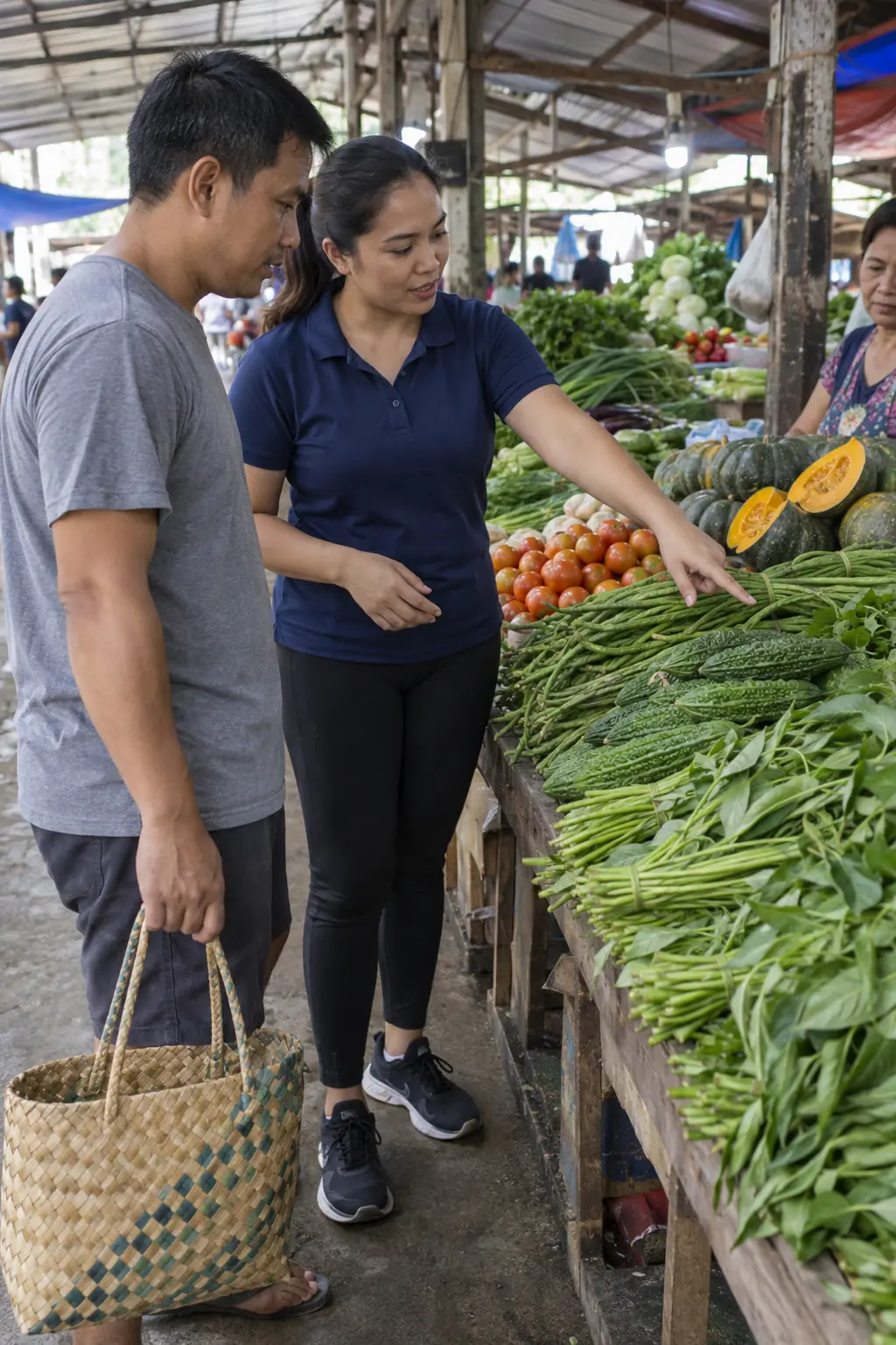 A Filipino man holding a woven bag at a wet market vegetable stall while a Filipina coach points at the vegetables