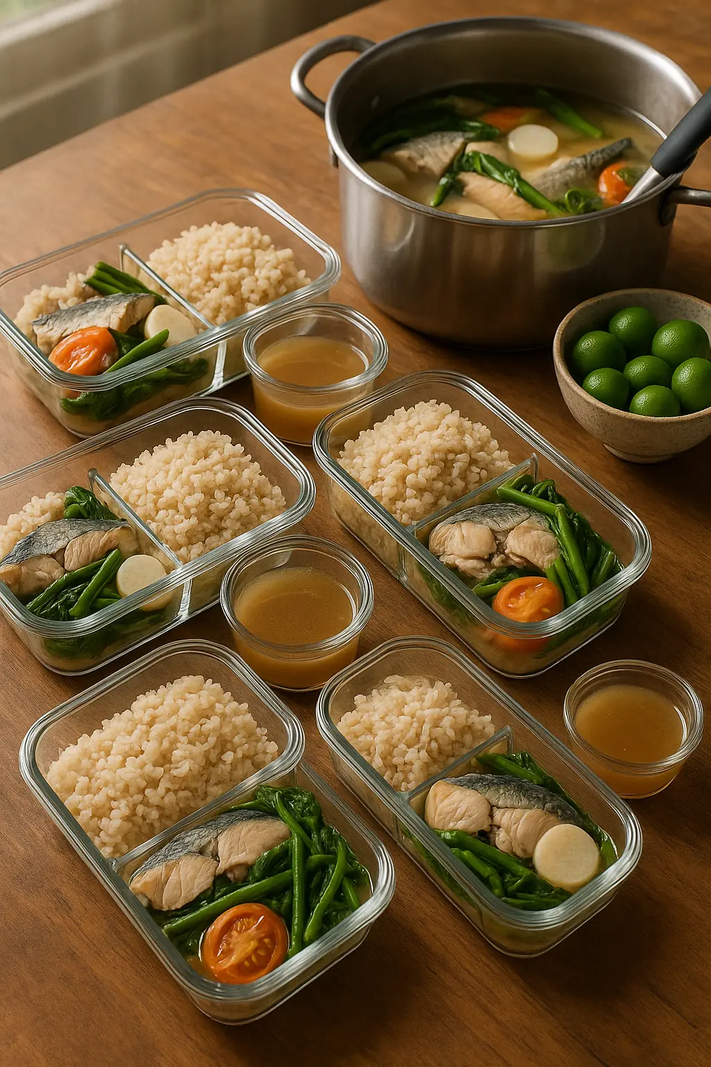Glass containers of brown rice, milkfish, kangkong, sitaw and tomato, each with a small cup of sinigang broth, beside the pot and a bowl of calamansi