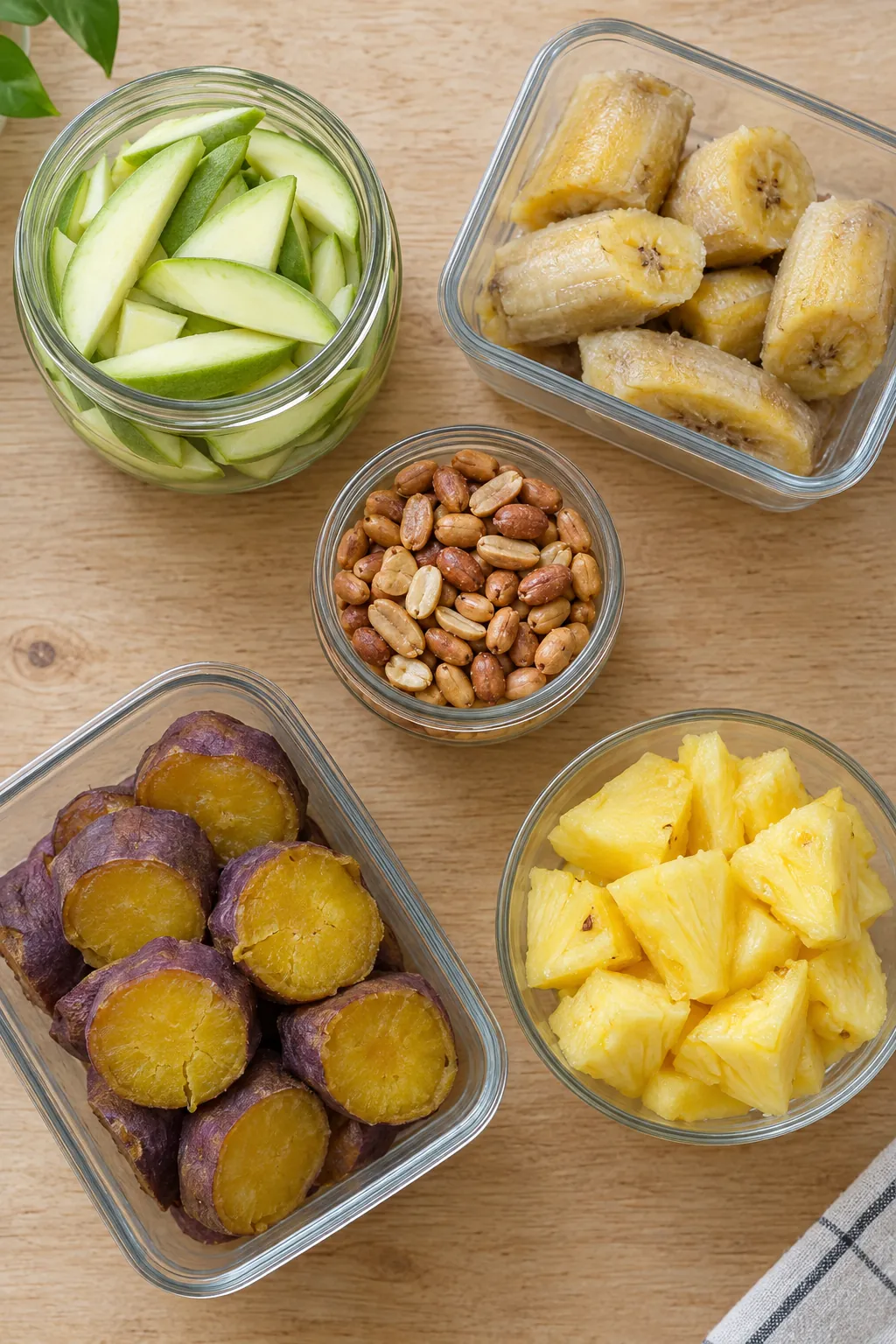 Glass jars and containers of sliced green mango, boiled saba banana, peanuts, boiled sweet potato and pineapple