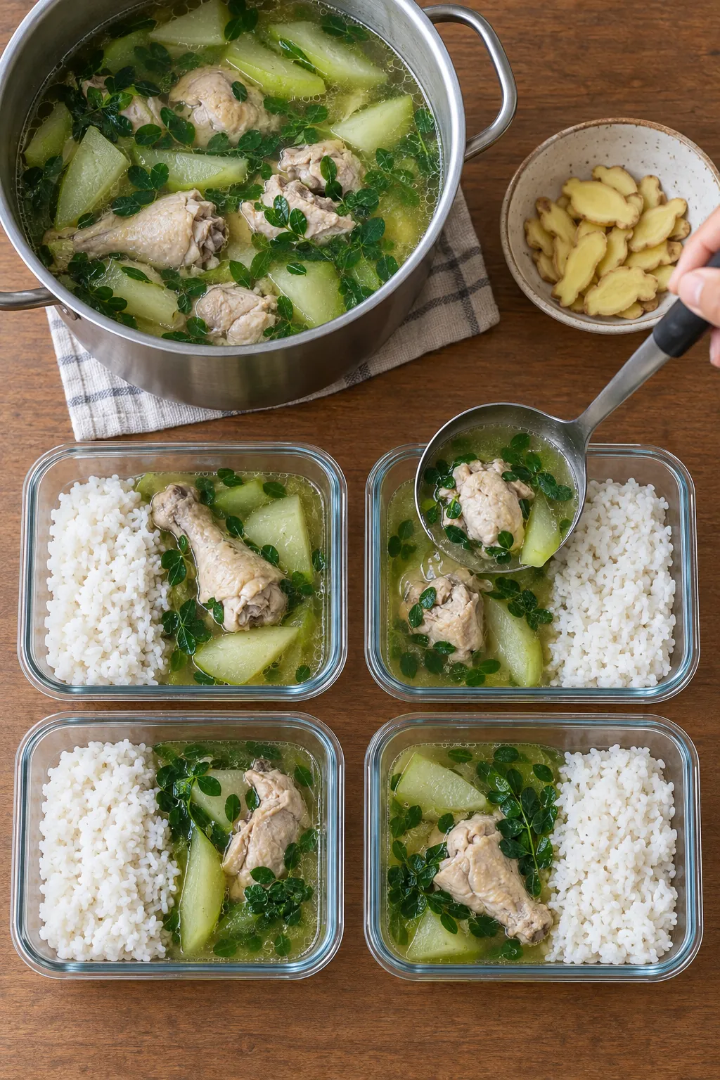 Chicken tinola with papaya and malunggay being ladled into four glass containers that already hold rice