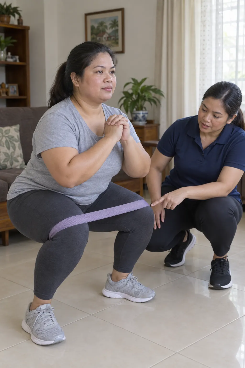 A Filipina woman in a squat with a fabric mini-band above her knees, a coach crouching beside her and pointing at the band