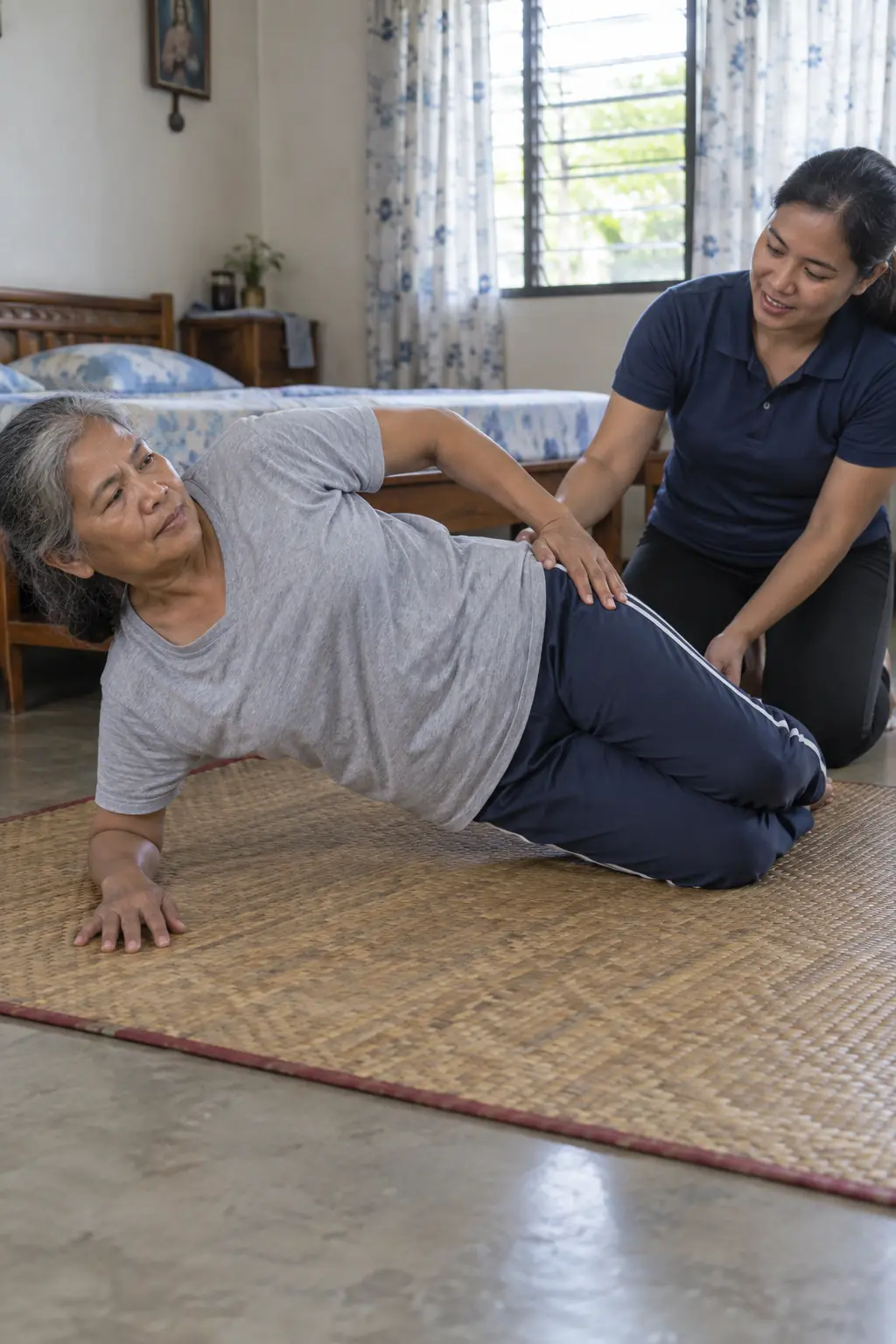 A grey-haired Filipina woman holding a side plank on her knees and forearm on a woven mat in a bedroom, a Filipina coach kneeling behind her