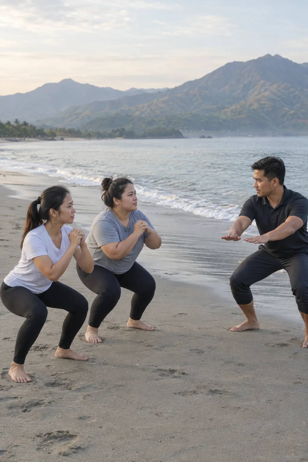 Two Filipina women squatting side by side on a grey-sand beach with mountains behind while a coach demonstrates