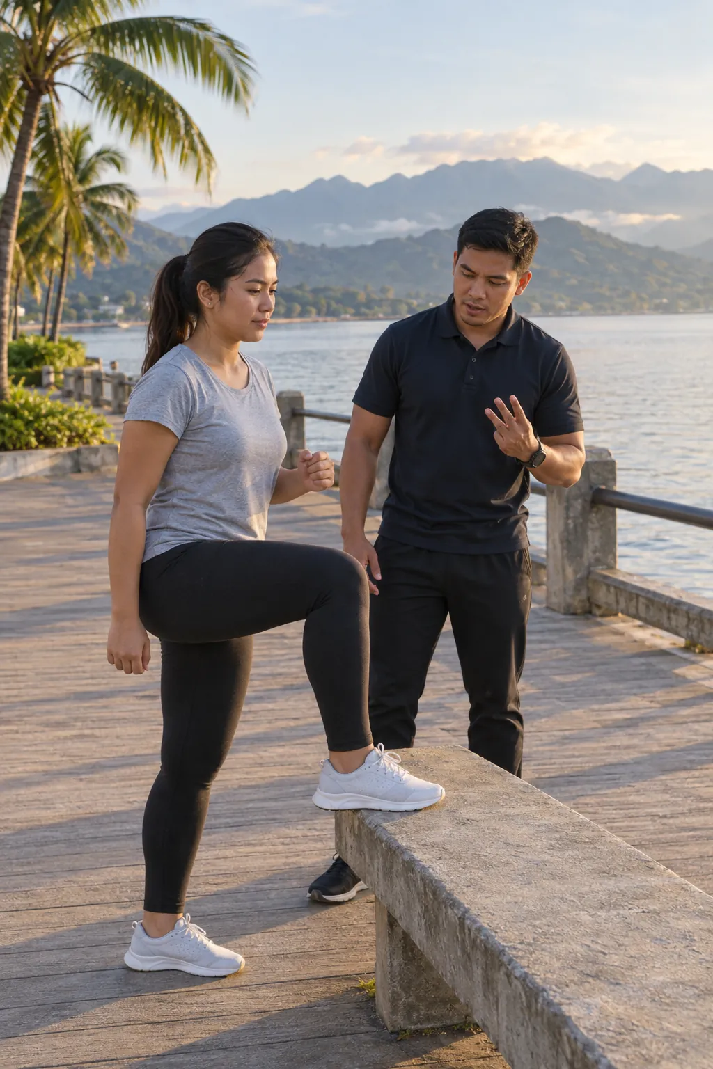 A Filipina woman stepping onto a low concrete bench on a bayside boardwalk at sunrise while a coach counts