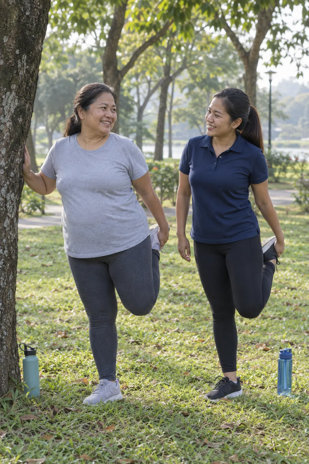 A Filipina woman and a coach doing standing quad stretches under the trees in a park, water bottles on the grass