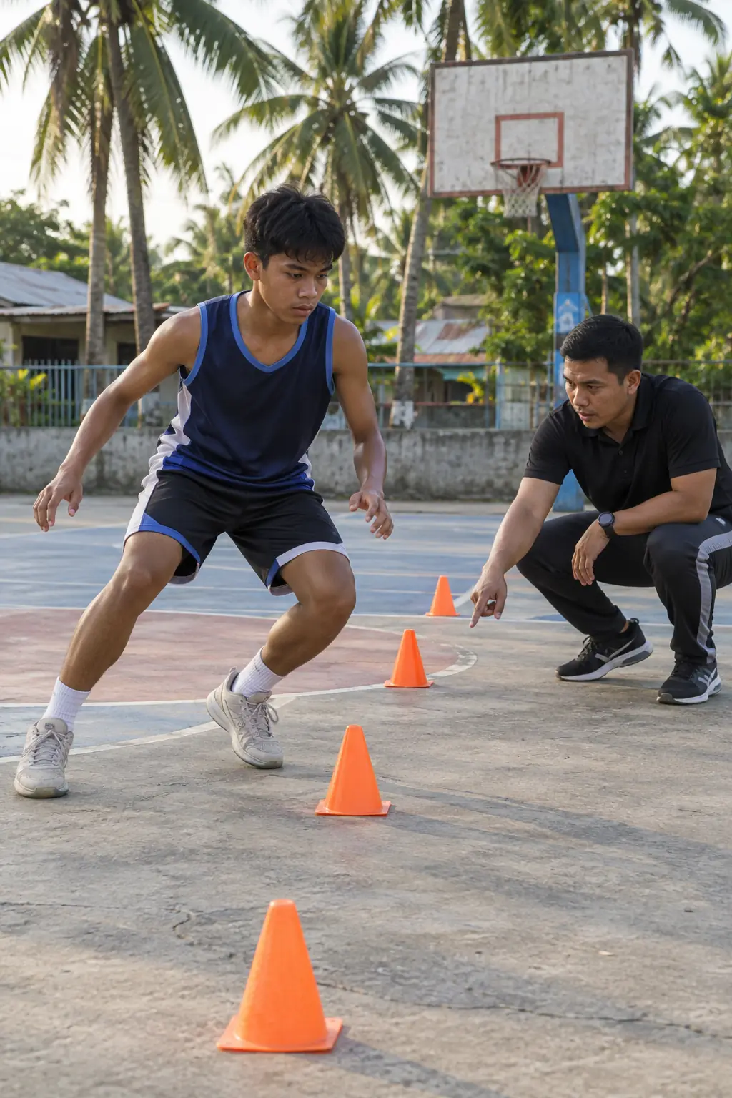 A Filipino teenager shuffling sideways between orange cones on an outdoor basketball court, a Filipino coach crouching and pointing