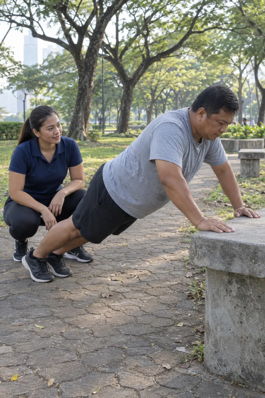 A heavier Filipino man doing an incline push-up on a concrete park bench, a Filipina coach crouching beside him