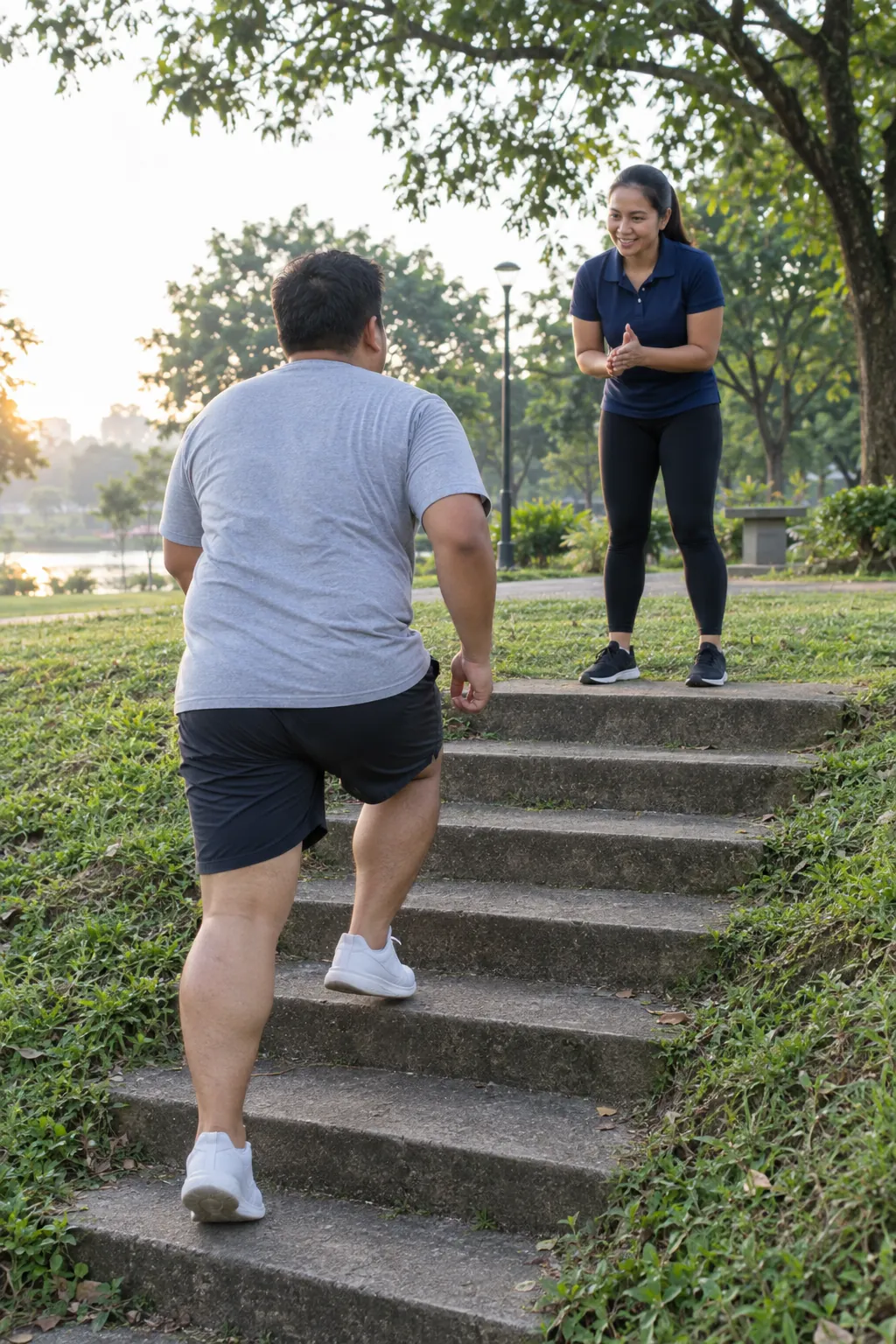 A heavier Filipino man climbing concrete park steps toward a Filipina coach who is clapping him on