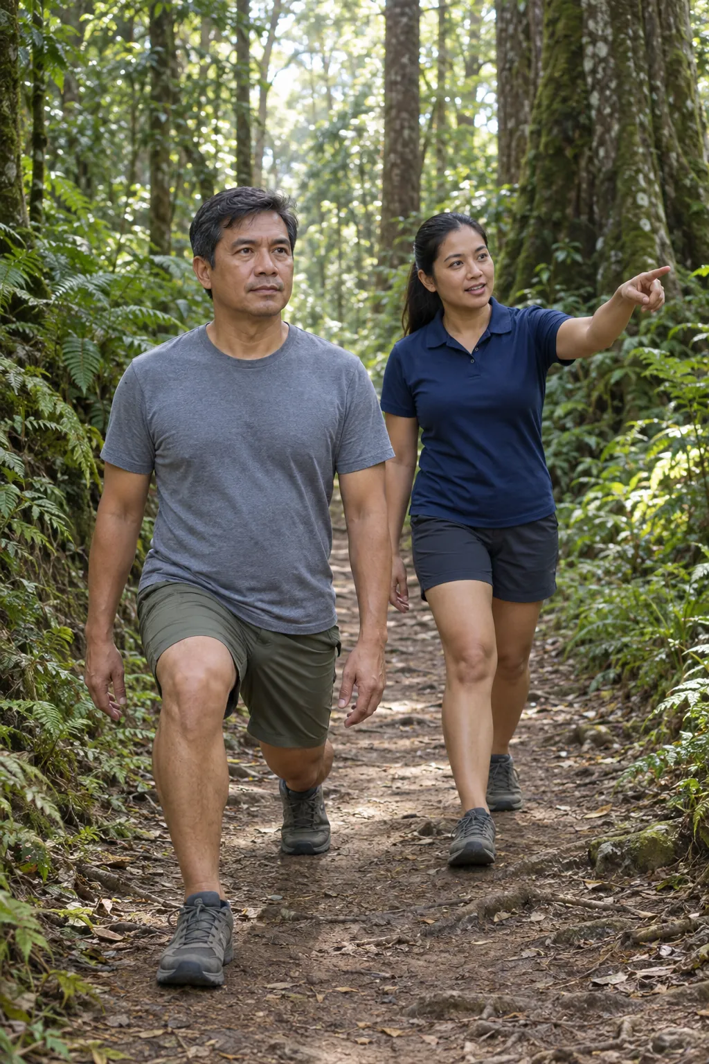 A Filipino man doing a walking lunge along a forest trail while a Filipina coach walks beside him and points ahead