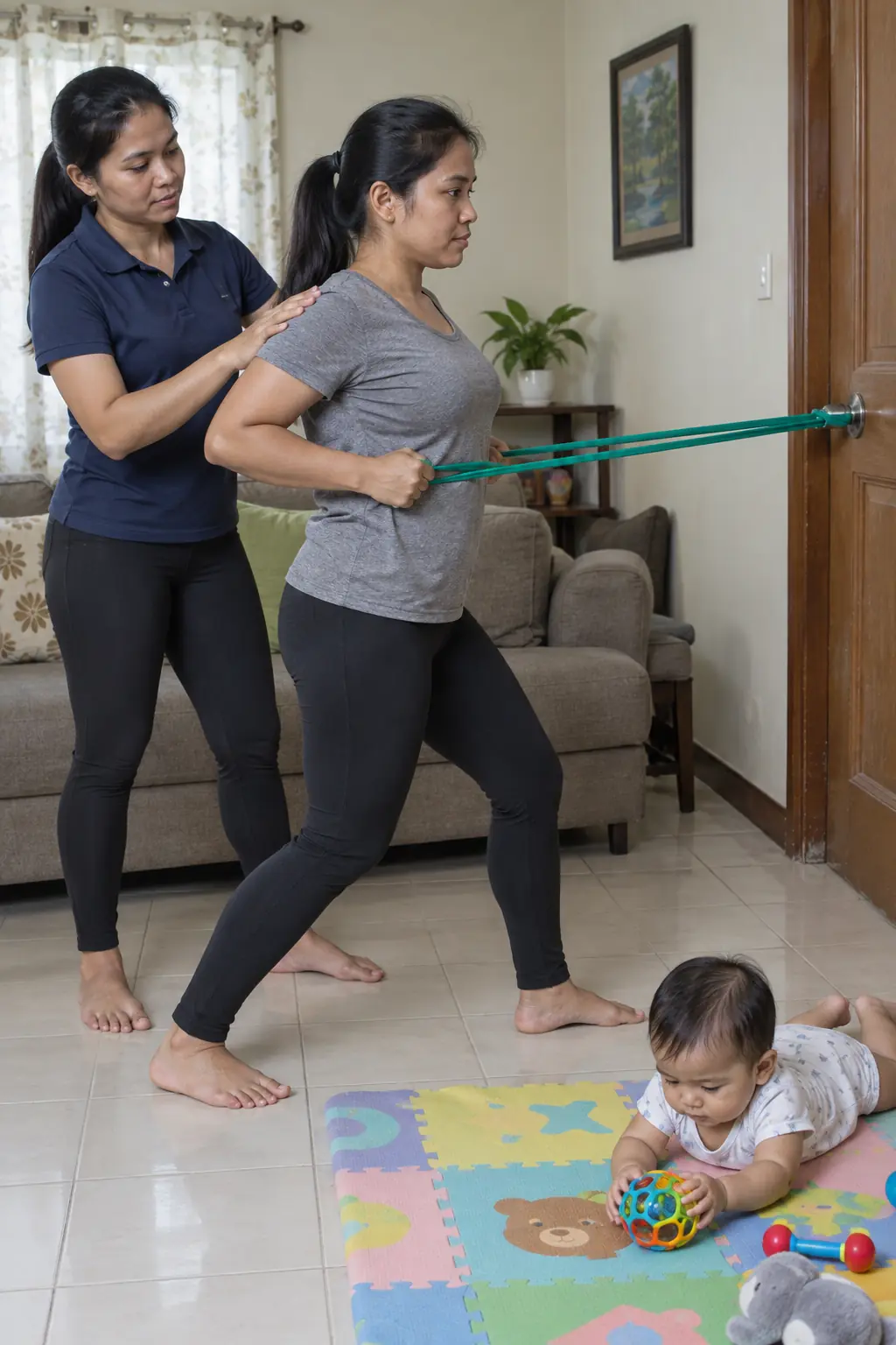 A Filipina mother doing a standing band row anchored to a door while a Filipina coach steadies her shoulder, a baby on a play mat nearby