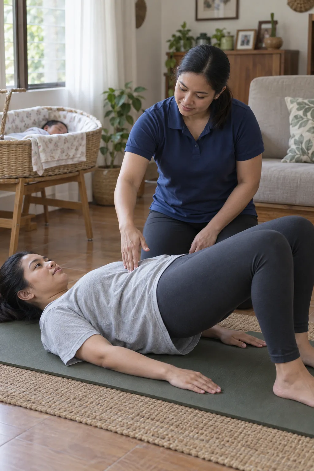 A new mother lifting her hips in a gentle bridge on a mat while a coach guides her, a baby asleep in a basket behind