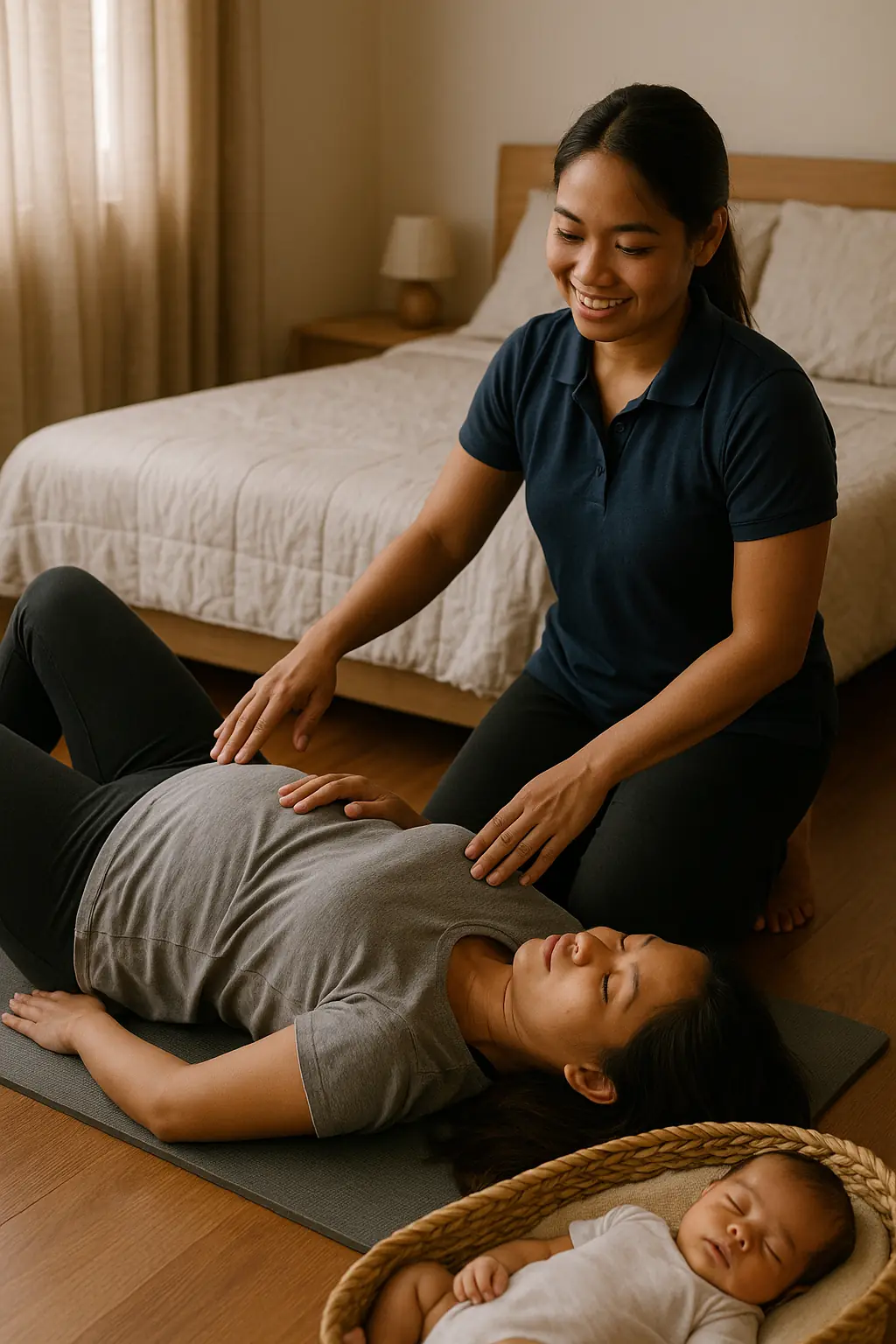 A Filipina mother lying on a mat beside the bed doing heel slides, a Filipina coach kneeling beside her and a baby asleep in a basket