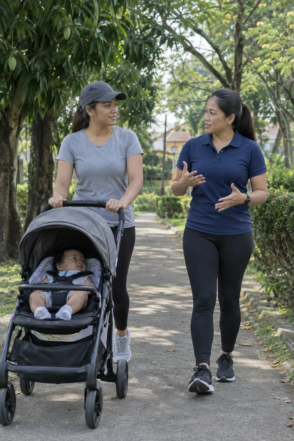 A young Filipina mother pushing a stroller along a shaded path while a Filipina coach walks and talks beside her