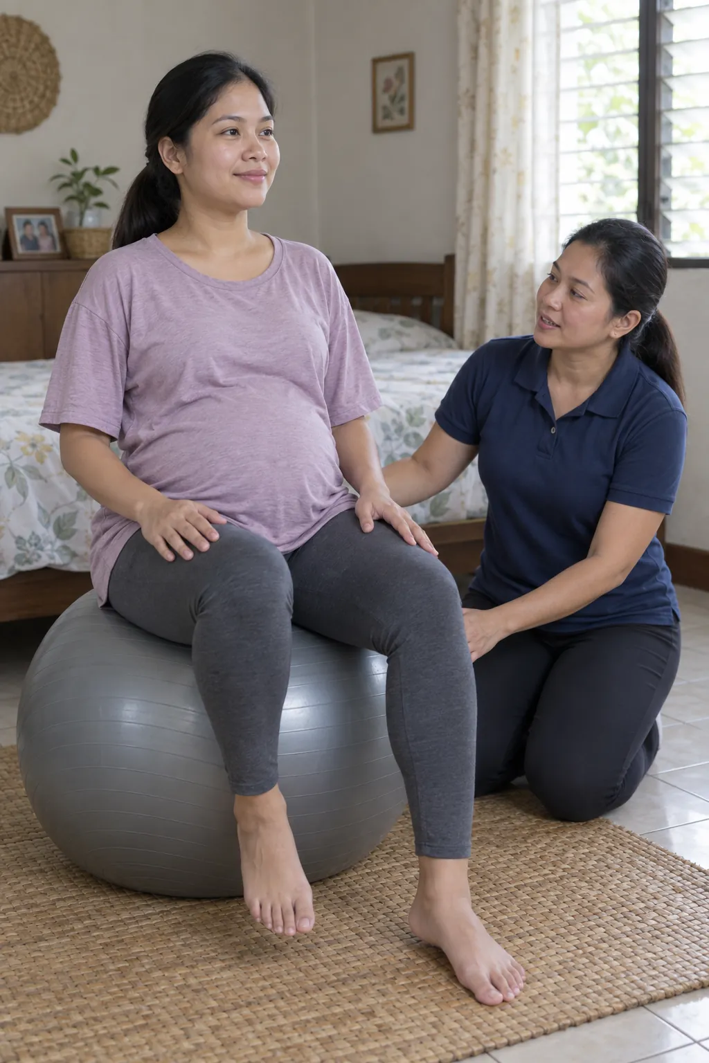 A pregnant Filipina woman sitting on an exercise ball in her bedroom while a coach kneels beside her steadying it