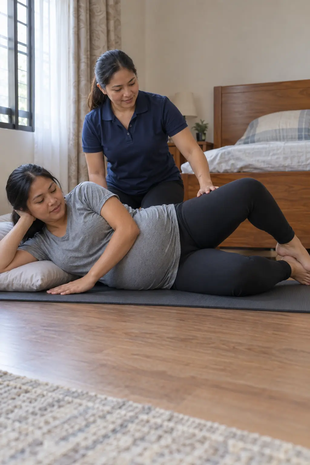 A pregnant Filipina woman lying on her side on a mat with her head on a pillow and knees bent, a Filipina coach kneeling behind her
