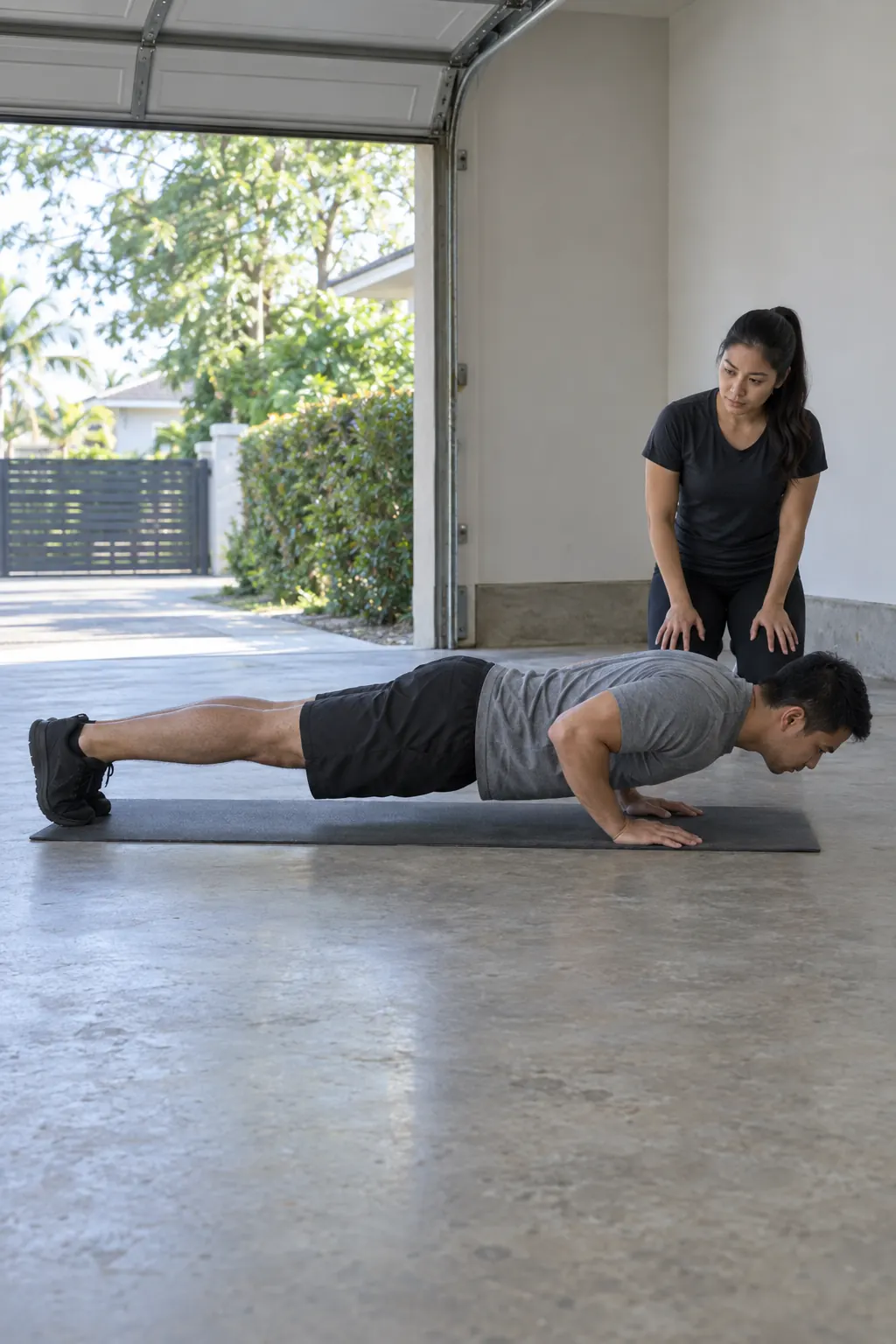 A Filipino man at the low point of a push-up on a mat in an open garage, a coach kneeling nearby and watching his body line