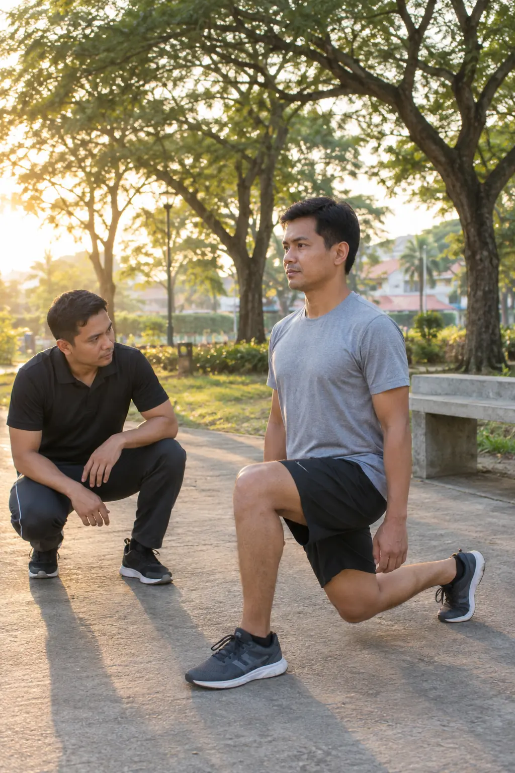 A Filipino man in a reverse lunge on a park path under acacia trees, a Filipino coach crouching to watch his front knee